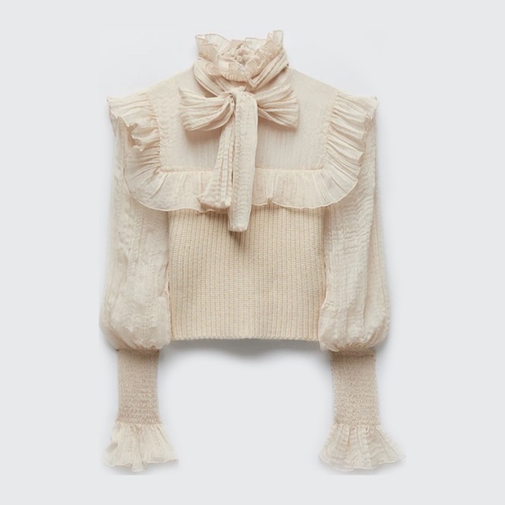 ZARA ORGANZA TULLE PUFF BOW TIE RUFFLE TOP SHIRT BLOUSE